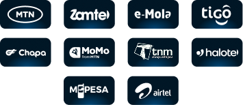 MTN, Zamtel, e-Mola, Tigo, M-Pesa, Airtel, Chapa, MoMo, TNM, Halotel
